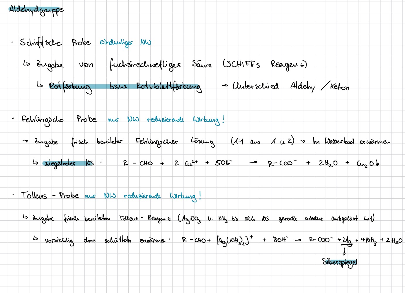 <p>SCHIFFsche Probe oder FEHLINGsche Probe oder TOLLENZ Probe </p>
