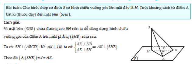 <p>Khoảng cách từ 1 điểm bất kì đến mặt chứa đường cao </p>