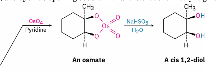 <ul><li><p>OsO<sub>4</sub> and pyridine</p></li><li><p>NaHSO<sub>3</sub> and H2O</p></li></ul><p>cis 1,2 diol</p>