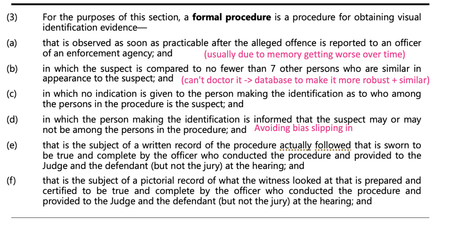 <p>a) should be done ASAP after the offence is reported to police</p><p>b) suspect must be compared to no fewer than 7 other people who are similar in appearance. </p><p>c) no indication should be given to person making the identification on who is the suspect. </p><p>d) identifier should be informed the suspect may or may not be among the persons in the procedure. </p><p>e) a written record of the procedure actually followed, that is sworn to be true and complete by the officer who conducted the procedure and provided to the Judge and defendant (not jury) at the hearing. </p><p>f) pictorial record of what the witness looked at is prepared and certified to be true and complete by the officer who conducted the procedure and provided to Judge and defendant at hearing. </p>