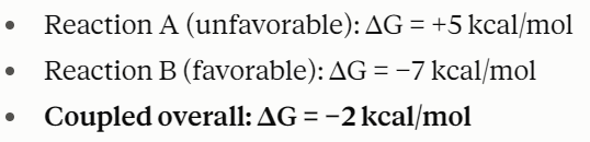 <ul><li><p>thermodynamically unfavorable reactions have a positive delta G and won’t proceed on their own</p></li><li><p>however, cells need unfavorable reactions to build large molecules</p></li><li><p>sooooo unfavorable reactions will couple with favorable reactions (that have a negative delta G) so that the overall reaction is favorable (look at the image)</p></li></ul><p></p>