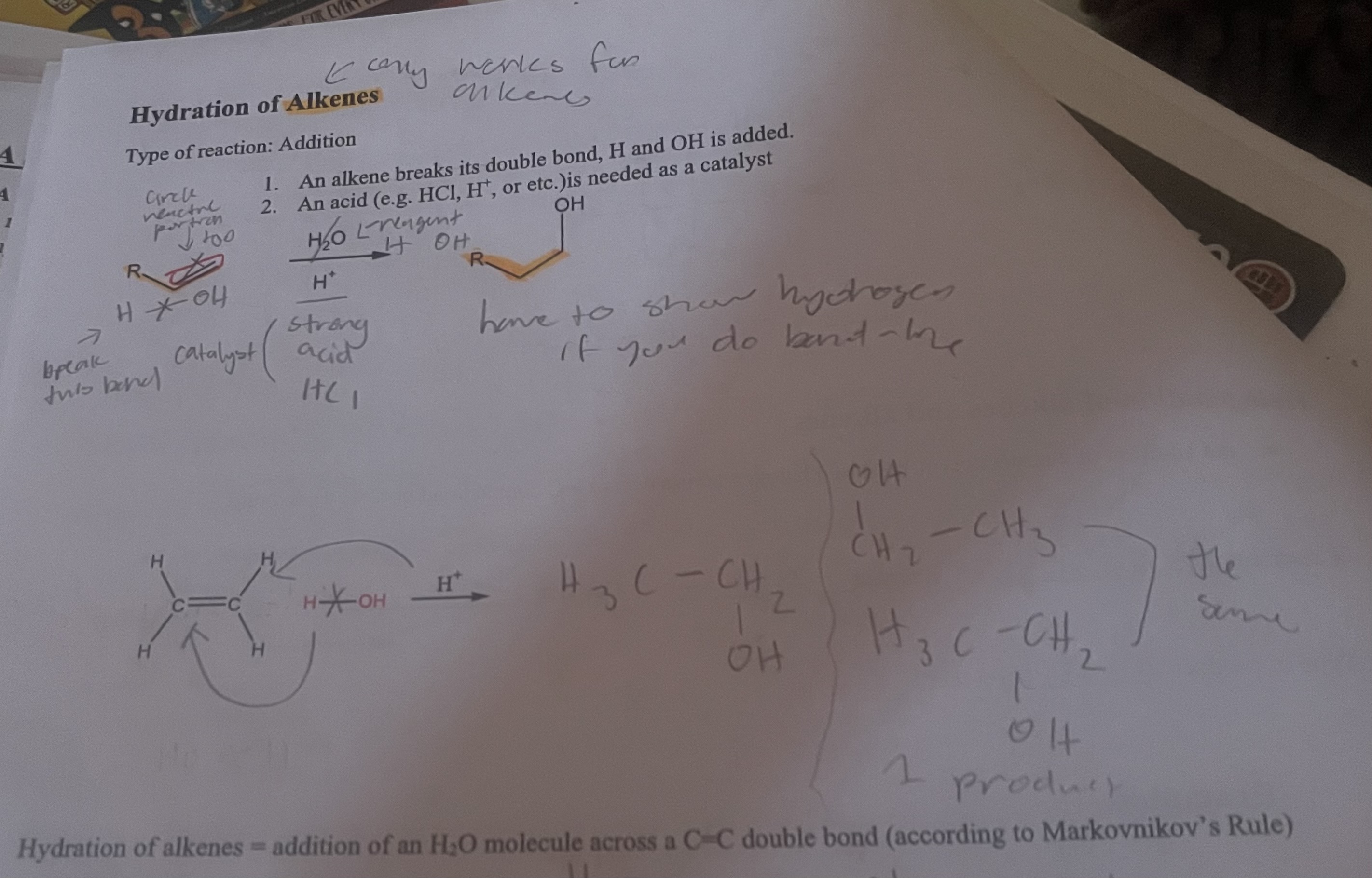 <ol><li><p>An alkene breaks its double bond, H and OH is added</p></li><li><p>An acid(example: HCl, H<sup>+</sup>, or etc.) is needed as a catalyst</p></li></ol><p>Hydration of alkenes = addition of an H<sub>2</sub>O molecule across a C-C double bond(accoding to Markovnikov’s Rule)</p><p><u>Substrate:</u> alkene, <u>Reagent:</u> H<sub>2</sub>O, <u>Catalyst:</u> strong acid, <u>Type of product:</u> alcohol</p><p>RMB CARBONS MUST HAVE 3 BONDS, BONDS BETWEEN C AND H ARE NOT SHOWN IN BOND LINE STRUCTURE</p><p></p>