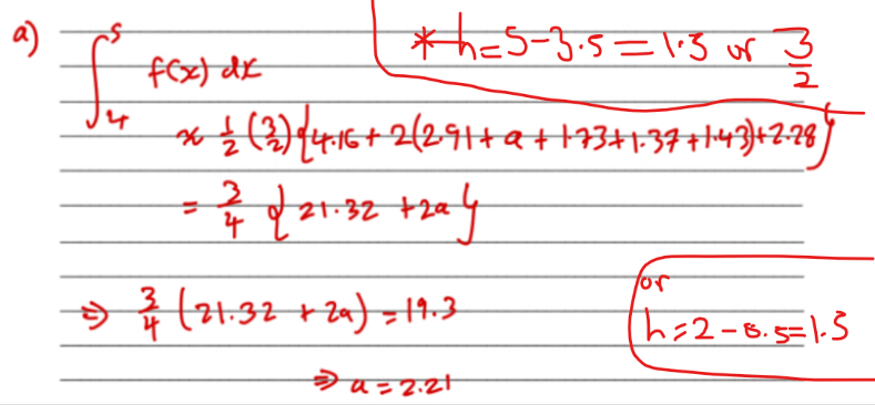 <p>h = 5 -3.5 = 1.5  <br>- You can subtract any of the two values of x to find h<br><br>( don’t use the formula booklet for getting h, might get wrong h value at times)<br><br>then find area using the formula (in booklet)</p>