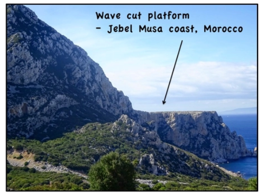 <p>Jebel Musa coast, Morocco</p><p>This shows a wave-cut platform 50m above current sea-level because of mountain rise due to the Africa- Eurasia plate convergence.</p>