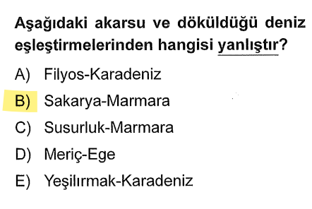 <p>Sakarya Nehri, Marmara Denizi'ne değil <strong>Karadeniz</strong>'e dökülür.</p>