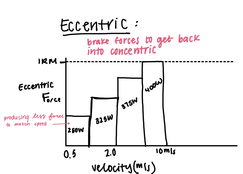 <p>increases, eventually plateauing at/near 1RM</p><p>eccentrically, the muscle is acting as a brake — resisting and controlling a load moving faster than it's or lengthening</p><p>faster the load is moving, the more "braking force" is needed to control/decelerate it and transition back into the concentric phase</p>