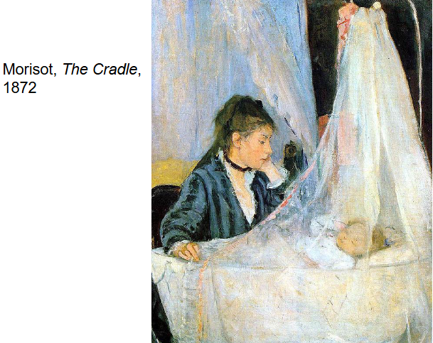 <p><strong>Identification:</strong></p><ul><li><p>Artist: Morisot</p></li><li><p>Title: <em>The Cradle</em></p></li><li><p>Date: 1872</p></li><li><p>Movement: Impressionism</p></li></ul><p><strong>Historical Context:</strong></p><ul><li><p>The painting depicts Morisot’s sister as a new mother with her child.</p></li><li><p>Reflects the kinds of subjects available to female artists, focusing on <strong>domestic life and motherhood</strong>.</p></li><li><p>Shows a more intimate, personal side of modern life compared to public urban scenes.</p></li></ul><p><strong>Style:</strong></p><ul><li><p>Soft, loose brushwork typical of Impressionism.</p></li><li><p>Strong attention to <strong>light and material</strong>, especially the sheer white fabric of the cradle.</p></li><li><p>The veil-like fabric partially obscures the child, emphasizing perception and the act of looking.</p></li><li><p>Subtle use of color and light creates a calm, quiet atmosphere.</p></li></ul><p><strong>Themes:</strong></p><ul><li><p>The painting centers on <strong>motherhood and care</strong>, showing a private, intimate moment.</p></li><li><p>The mother’s expression is <strong>ambiguous</strong>, possibly showing fatigue, calm, or quiet reflection.</p></li><li><p>The sheer fabric creates a sense of <strong>distance and protection</strong>, separating mother and child slightly.</p></li><li><p>The work captures a moment of stillness and pause, rather than action.</p></li><li><p>It reflects an Impressionist interest in <strong>how we see</strong>, but through a <strong>female and maternal perspective</strong>.</p></li></ul><p></p>