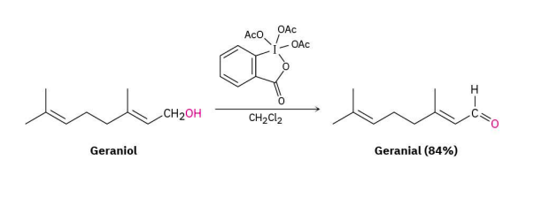<p><span style="color: red;"><strong>Starting Material:</strong></span> 1° alcohol </p><p><span style="color: blue;"><strong>Reagents:</strong></span> DMP/Dess-Martin Periodinane (oxidizing agent), CH<sub>2</sub>Cl<sub>2</sub> (solvent)</p><p><span style="color: purple;"><strong>Product:</strong></span> Aldehyde</p>