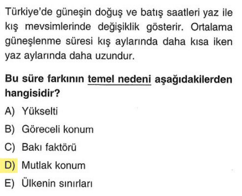 <p>Mevsimsel gece-gündüz değişimi, Türkiye'nin Ekvator'dan uzaklığı (Enlemi) ile ilgilidir.</p>