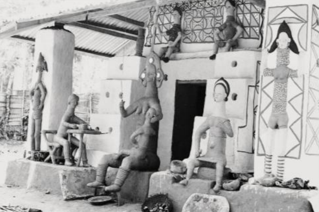<ul><li><p>Uli</p></li><li><p>Ala (Earth goddess) most common goddess for a mbari to be made for</p><ul><li><p>she is the most powerful goddess of plants/animals/moral law</p></li></ul></li><li><p>Spirit workers</p></li><li><p>a structure built in response to poor weather, a bad harvest, illness, or any other bad event of catastrophe within the village</p></li><li><p>powerful deities will ask for a sacrifice in the form of an mbari</p></li><li><p>vital part of Igbo culture, although it is becoming extinct because most of the Igbo are Christians now: the Nigerian war displaced many people, thus removing the culture</p></li><li><p>three professionals are involved: </p><ul><li><p>a priest of the diety demanding the mbari</p></li><li><p>a diviner who consults the god about their desires</p></li><li><p>artist/master builder who designs the building and models structures</p></li></ul></li><li><p>two main groups of builders:</p><ul><li><p>a small group of hired/paid laborers</p></li><li><p>“spirit workers”: representatives of major families who work for free</p><ul><li><p>they “lose their life” for the portion of time that it takes to build the mbari; it is hard, it is a sacrafice</p></li></ul></li></ul></li><li><p>central shrine: the space for the goddess</p></li><li><p>two stages to the reveal</p><ul><li><p>midnight ritual</p></li><li><p>spirit workers reassemble at mbari, then lead the cow to the market</p></li></ul></li></ul><p></p>