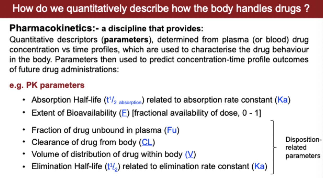 <p>different quantitative measures of pharmacokinetics</p>