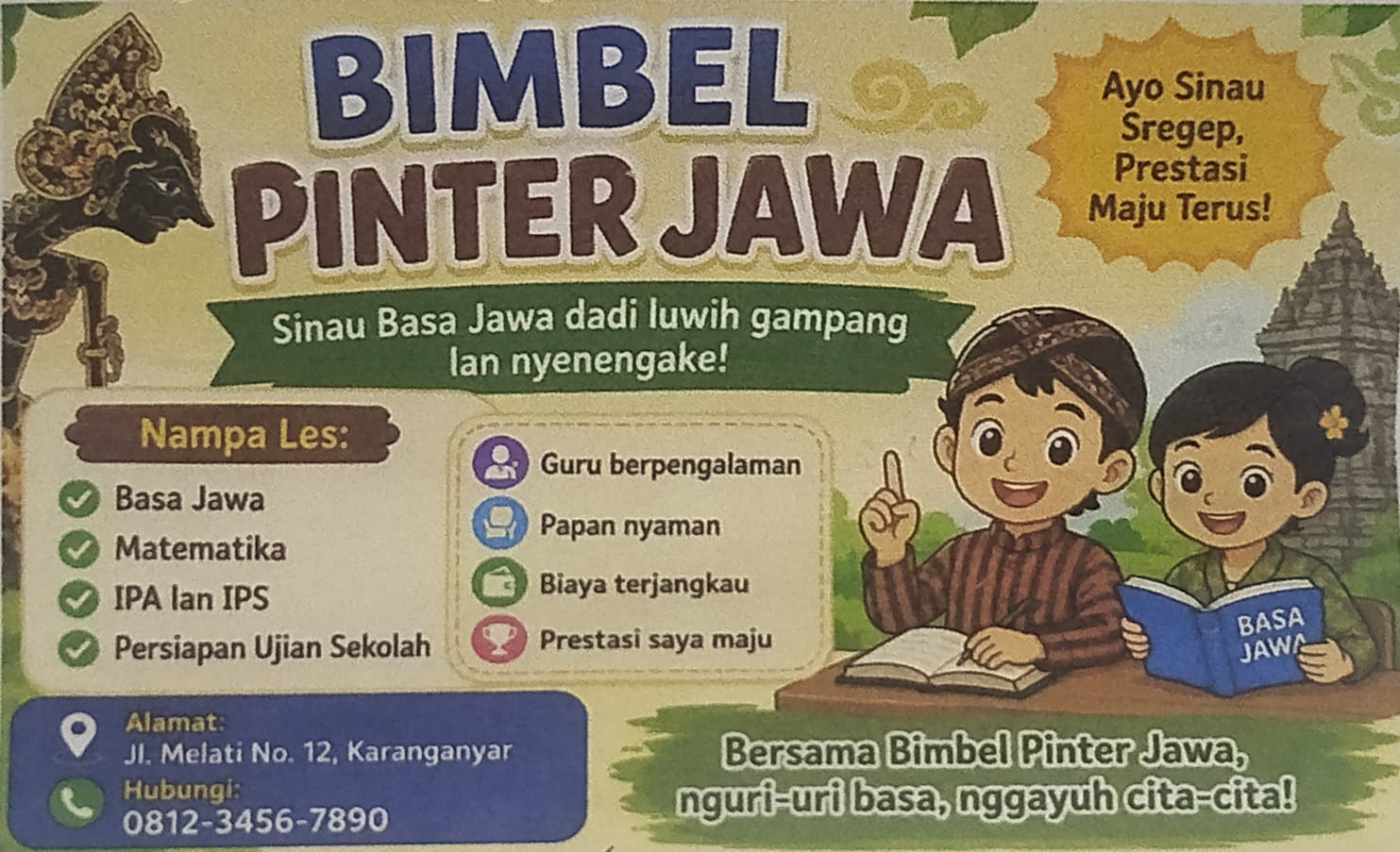 <p>Gatekna gambar iklan ing ngisor iki!</p><p>Iklan kasebut nawakake ....</p><p>A. panganan</p><p>B. jasa pendidikan</p><p>C. barang elektronik</p><p>D. kendaraan</p>