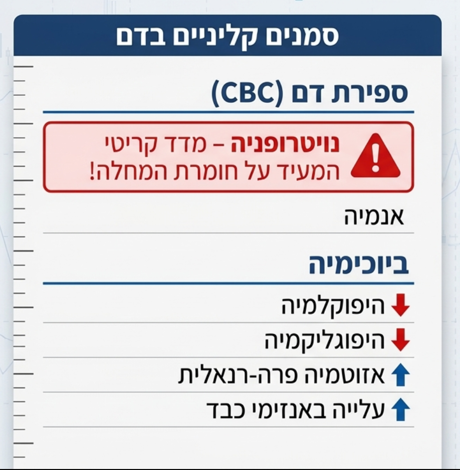 <ul><li><p><strong>אבחנה סופית:</strong> דורשת הדגמה של נוכחות הנגיף בצואה באמצעות <strong>מיקרוסקופיית אלקטרונים</strong> או בדיקת סנאפ מהירה (<strong>אלייזה סנאפ טסט</strong>) לאיתור אנטיגן הנגיף בצואה.</p></li><li><p><strong>חריגות בבדיקות מעבדה:</strong></p><ul><li><p><strong>נויטרופניה</strong> (רמת נויטרופילים נמוכה, שדרגתה בדרך כלל מתואמת עם חומרת המחלה הקלינית).</p></li><li><p><strong>אנמיה</strong>.</p></li><li><p><strong>שינויים ביוכימיים:</strong> היפוקלמיה (אשלגן נמוך), היפוגליקמיה (סוכר נמוך), אזוטמיה פרה-רנלית (עלייה במדדי כליה ממקור שלפני הכליה בשל התייבשות) ועלייה באנזימי כבד.</p></li></ul></li><li><p><strong>פרוטוקול אשפוז:</strong> אשפוז המטופלים בנפרד משאר בעלי החיים במרפאה תחת <strong>פרוטוקול בידוד קפדני</strong></p></li></ul><p></p>