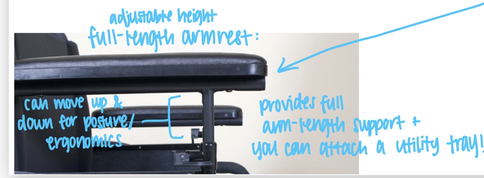 <ol><li><p>Provides full arm-length support</p></li><li><p>Improves ergonomics</p></li><li><p>Allows for the attachment of a utility tray</p></li></ol><p></p>