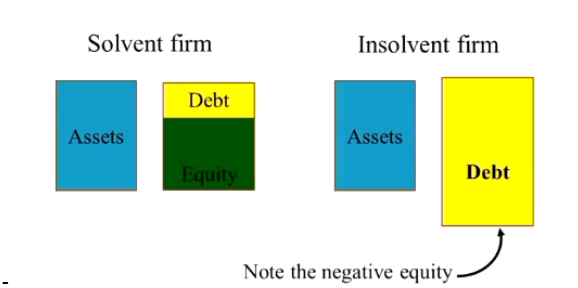 <ul><li><p>Cash flow/flow based insolvency </p><ul><li><p>when a firm doesn’t have enough cash to meet its contractually obligated commitments </p><ul><li><p>essentially cash rich, house poor</p></li><li><p>common in young firms or firms waiting on AR</p></li></ul></li></ul></li><li><p>Balance sheet insolvency </p><ul><li><p>when the value of a firms assets is less than the value of debt. </p><ul><li><p>essentially cash poor and house poor</p></li><li><p>Equity no longer exists since equityholders are residual claimants so they get wiped out the second debt=assets</p></li></ul></li></ul></li></ul><p></p>