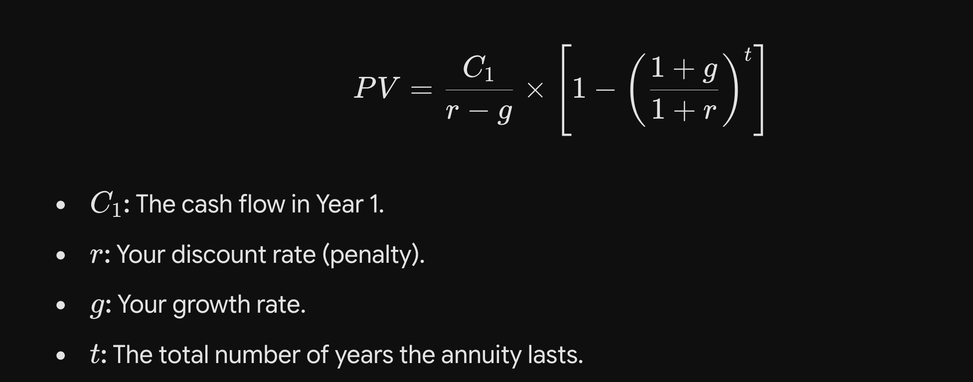 <p>A stream of cash flows that increases by a set percentage every year to keep up with something like inflation, but it eventually <strong>stops</strong> after a specific number of years.</p>