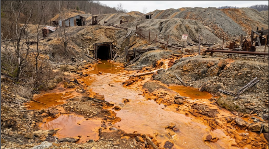 <p>What term/concept is being visualized in this image?</p><p>Definition: Highly acidic, toxic, reddish-orange water runoff produced when exposed sulfide minerals (like pyrite in mines) react with air and water.</p>