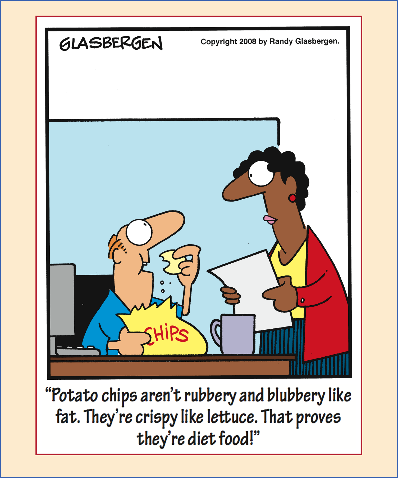 <p>irrelevant support. For example, the fan of potato chips in the cartoon does not offer relevant support for his point that potato chips are diet food.</p>