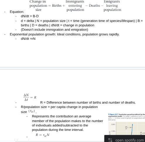 <p>Called exponential growth, grows in a “J” shape. </p><p></p><ul><li><p><span style="background-color: transparent;">Exponential population growth: A population that experiences ideal conditions that they increase in size by a constant proportion at each instant in time.&nbsp;</span></p></li><li><p><span style="background-color: transparent;">Intrinsic rate of increase: Per capita rate (r) at which an exponentially growing population increases in size at each instant in time.</span></p></li></ul><p></p>
