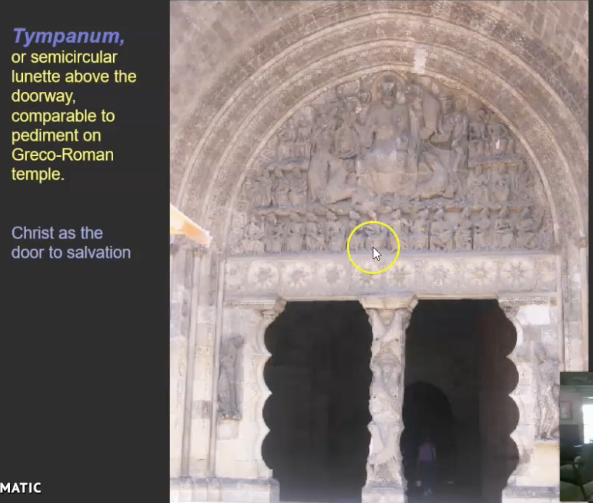 <p>Tympanum,or semicircular lunette above the doorway, comparable to pediment on Greco-Roman temple.</p><p class="p1">Christ as the door to salvation</p>