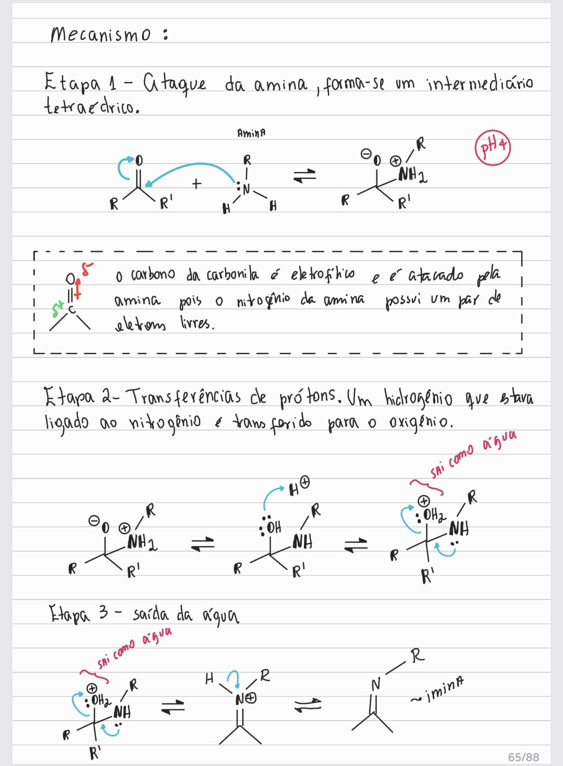 <p>Etapa 1: Ataque da amina formando um intermediário tetraédrico.</p><p class="has-focus">Etapa 2: Transferência de prótons. Um hidrogênio que estava ligado ao nitrogênio é transferido para o oxigênio.</p><p class="has-focus">Etapa 3: Saída da água e formação do produto.</p>