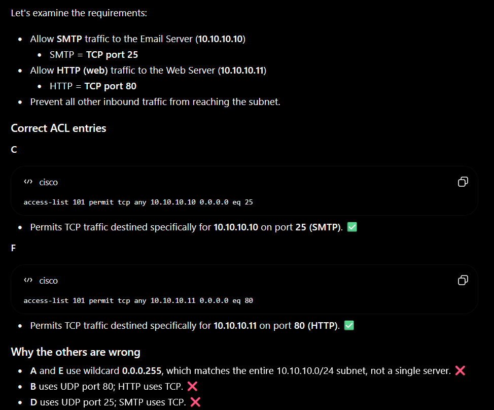 <p>access-list 101 permit tcp any 10.10.10.10 0.0.0.0 eq 25</p><p>access-list 101 permit tcp any 10.10.10.11 0.0.0.0 eq 80</p>