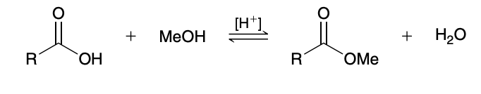 <p>Carboxylic acids are converted into esters when treated with an alcohol in the presence of an acid catalyst</p>