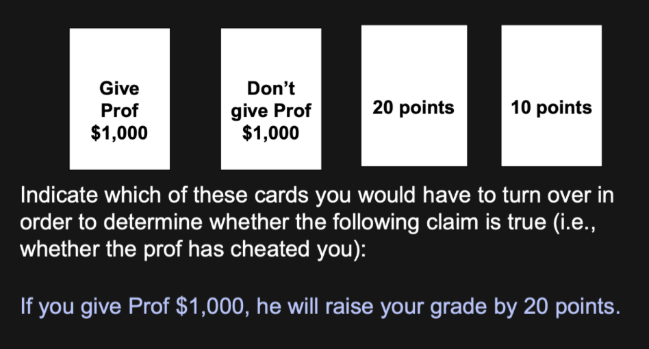 <p>Problems of <strong>social exchange</strong></p><p>eg. “if you give Prof $1000, he will raise your grade by 20 points” card selection</p>