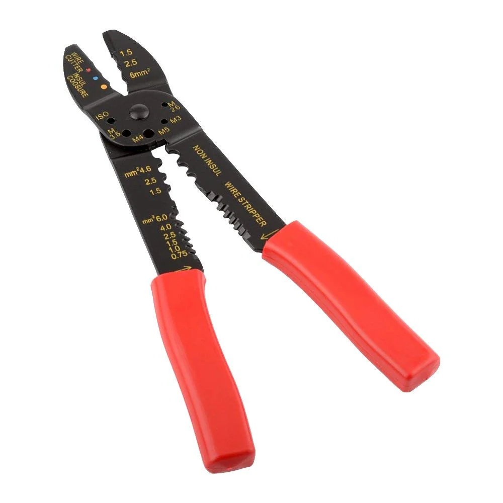 <p>A multi-purpose hand tool with notched jaws, used to strip insulation, cut wire, and crimp terminals.</p>