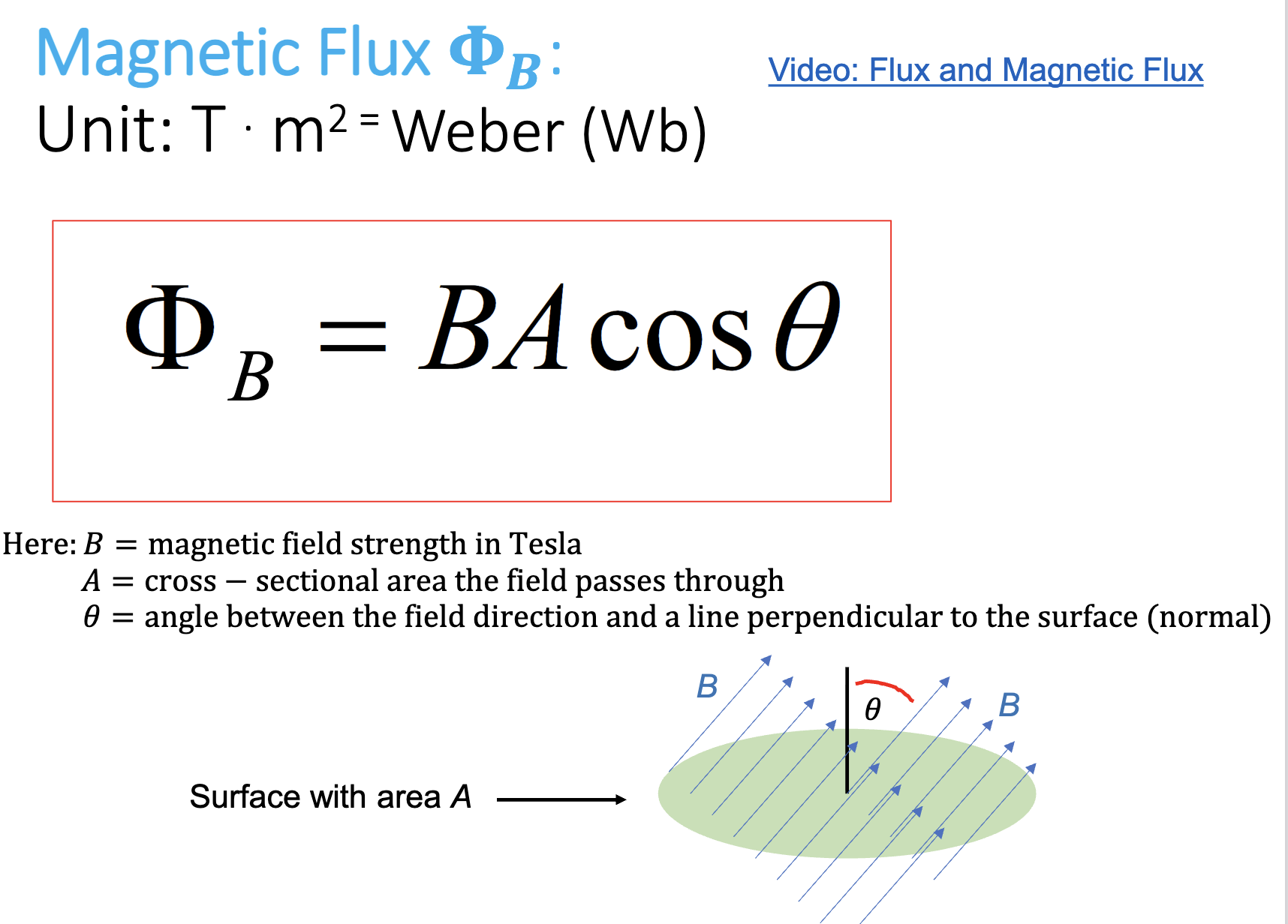 <p>-measures the passage of a magnetic field through a surface</p><p>-unit: <mark data-color="green" style="background-color: green; color: inherit;">T * m²= Weber (Wb)</mark></p><ul><li><p>𝐵 = magnetic field strength in Tesla</p></li><li><p>𝐴 = cross − sectional area the field passes through (m²)</p></li><li><p><mark data-color="blue" style="background-color: blue; color: inherit;">𝜃 = angle between the field direction and a line perpendicular to the surface (normal)</mark></p></li></ul><p><mark data-color="purple" style="background-color: purple; color: inherit;">-Normal line perpendicular to surface</mark></p><p>-If feta is 0 then=BA=max; if feta is 90 then=zero</p>