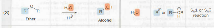 <ul><li><p>H<sub>2</sub>O</p></li><li><p>acidic conditions, H<sup>+</sup></p></li><li><p>S<sub>N</sub>1 or S<sub>N</sub>2</p></li></ul><p></p>