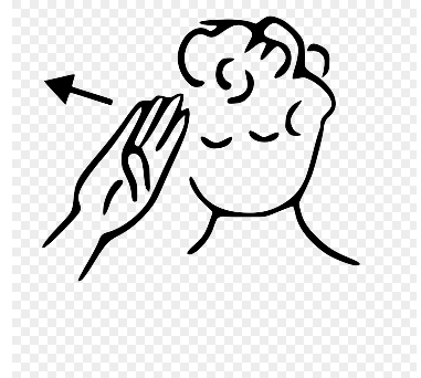 <p>tuck thumb in dominant hand put hand up like salute and move hand away from forehead towards recipient</p>