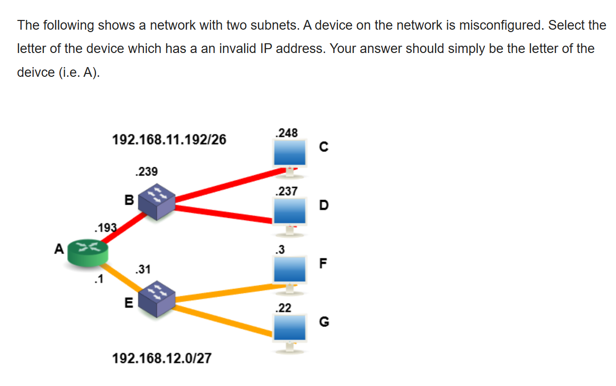 <p>Subnet both IP addresses with their masks and figure out which devices (A-G) fit in the valid address range (not network or broadcast addresses!)</p>
