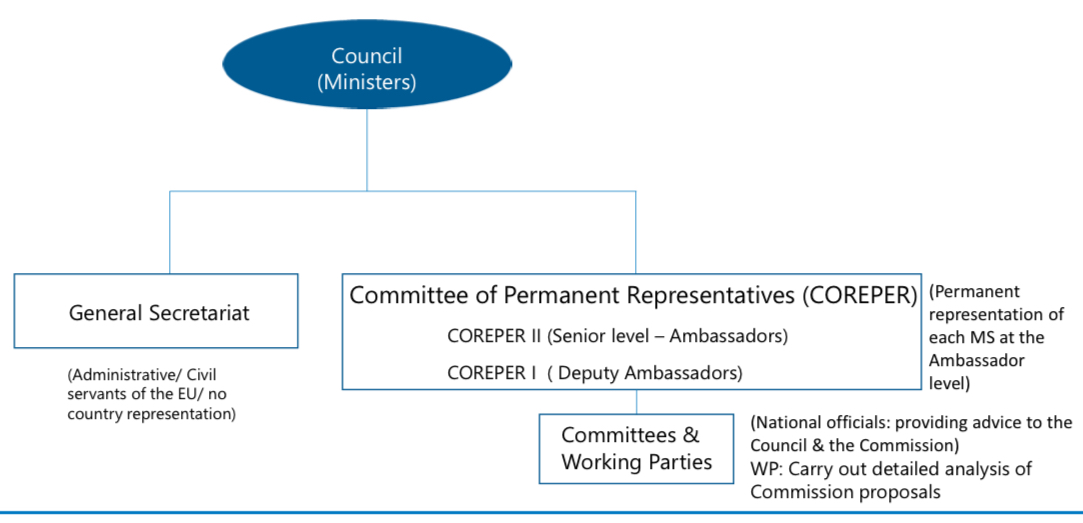 <ul><li><p>Council (Ministers)</p></li></ul><p>Below:</p><ul><li><p>General Secretariat (Administrative/Civil servants of the EU/no country representation)</p></li><li><p>Committee of Permanent Representatives (COREPER): Permanent representation of each MS at the Ambassador level; COREPER II (Senior level - Ambassadors); COREPER I (Deputy Ambassadors)</p></li></ul><p>Below COREPER:</p><ul><li><p>Committees & Working Parties: National officials - providing advice to the Council & the Commission; WP - Carry out detailed analysis of Commission proposals</p></li></ul><p></p>