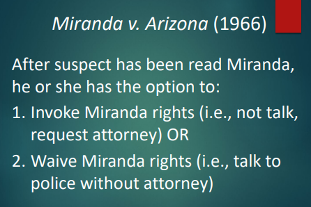<ul><li><p><strong>Invoke</strong> Miranda rights (don’t talk / request attorney)</p></li><li><p><strong>Waive</strong> Miranda rights (talk to police without attorney)</p><ul><li><p>After being read their Miranda rights, a suspect can either invoke those rights, which means they choose to remain silent and request an attorney, or waive their rights, allowing them to speak to police without an attorney present. </p></li></ul></li></ul><p></p>