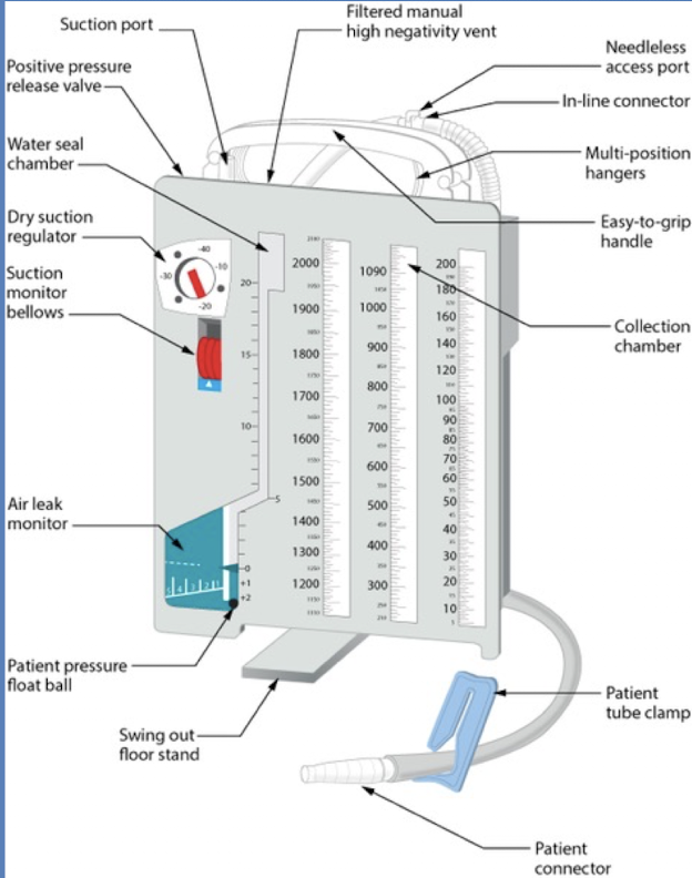 <p>-Collection chamber (2500 mL)</p><p>-Water seal chamber (one-way valve)</p><p>-Suction control chamber</p>