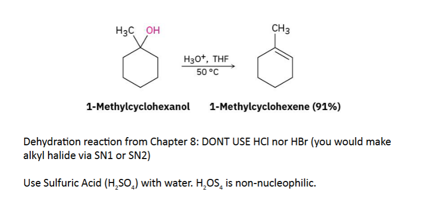 <p><br><strong>Reagent</strong>: H2SO4 &amp; H2O</p><p>the goal is to turn an alcohol into an alkene (dehydration, water is removed). </p>