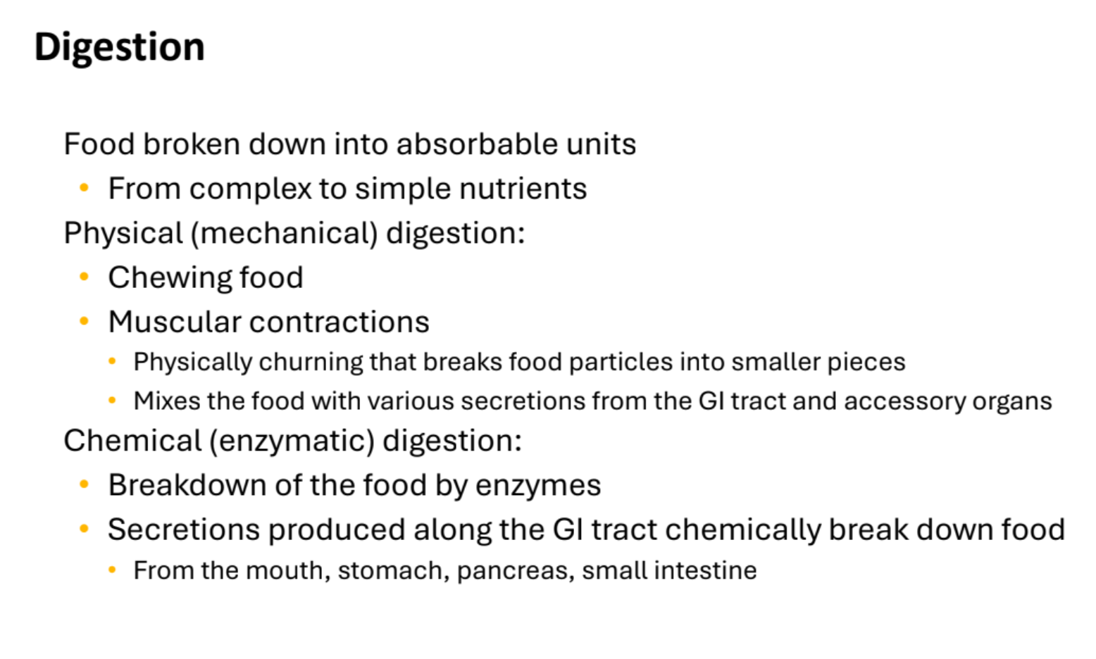 <p><strong>Digestion</strong>: Chemical digestion: Secretions from what 4 areas are produced along the GI tract chemically break down food</p>