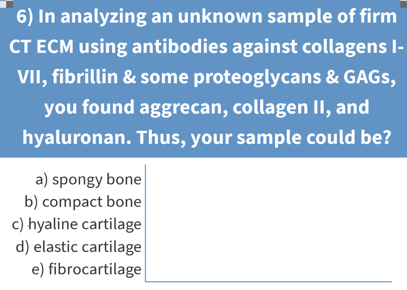 <p>Antibodies find aggrecan, collagen II, hyaluronan. What is the sample?</p>