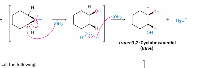 <ul><li><p>SN2 backside attack </p></li><li><p>H<sub>3</sub>O+ or HX</p></li><li><p>primary or secondary subs → X on less substituted </p></li><li><p>tertiary subs → X on more substituted </p></li></ul><p></p>