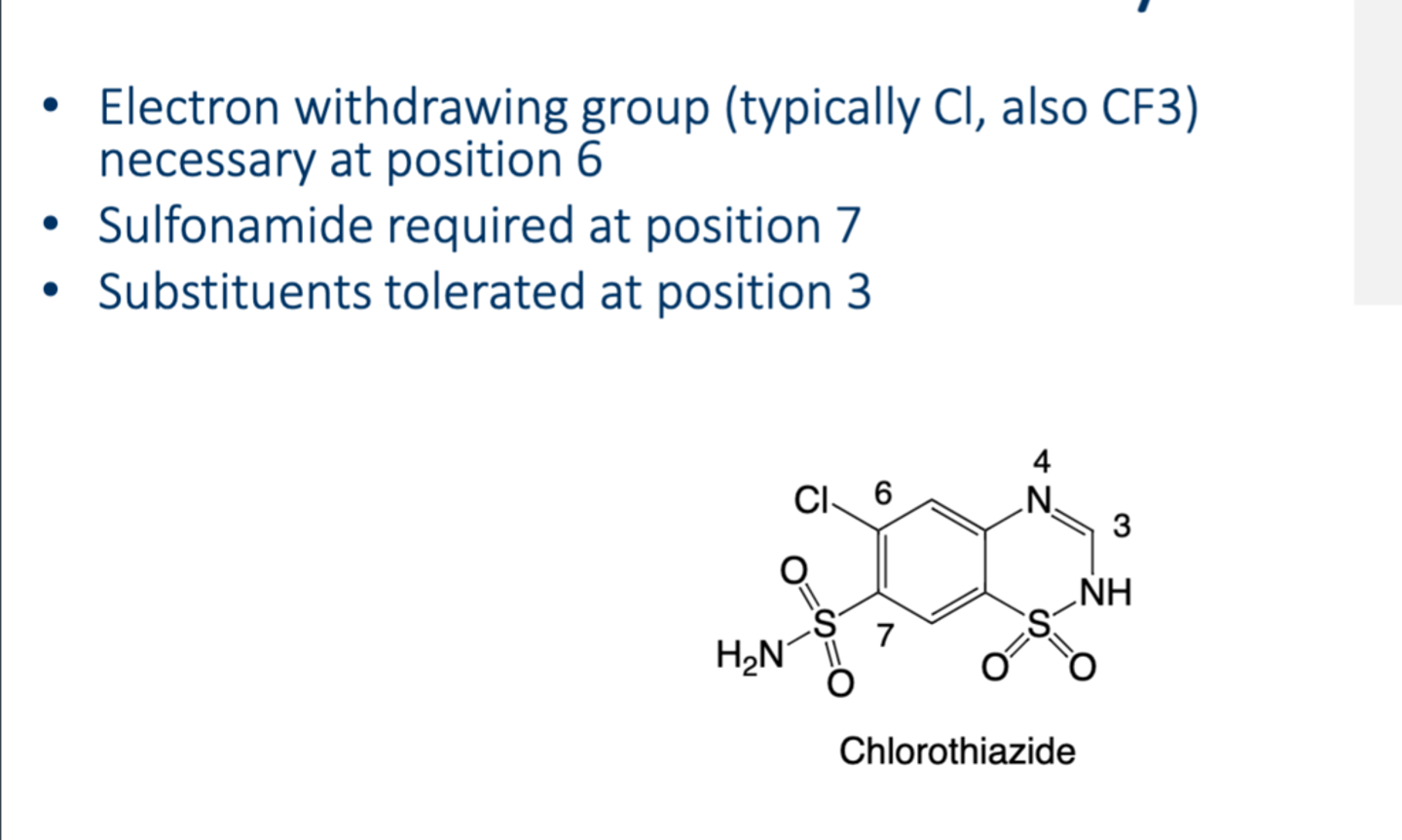 <p>• HCTZ</p><p>• MOA: Targets NCC (4-7%) </p><p>• Structure: </p><p>- Bicyclic benzothiadiazine (has two sulfonamides) </p><p>• Indications: </p><p>- HTP (first line)</p><p>• Precautions:</p><p>- Need to be treated in caution in pts with gout</p><p>• Contraindications: </p><p>- CrCl < 30 mL (except for metolazone)</p><p>- Sulfa allergies! </p><p>• Metabolism: </p><p>• AEs : Hyponatremia (due to increased B2o movement in DCT compiled with loss of Na+), glucose intolerance, hypertriglyceridemia/hypercholesterolemia, Metabolic alkalosis, hyperuricemia</p><p>• Drug Interactions: </p>