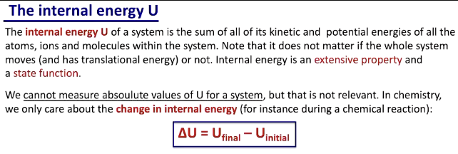 <p>sum of all its kinetic and potential energies</p><ul><li><p>total energy</p></li></ul><p></p>